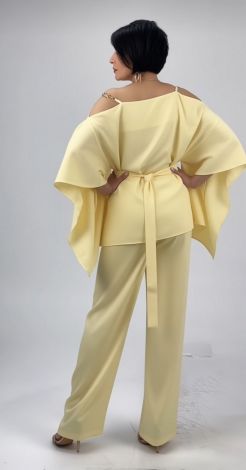 Butter-colored off-the-shoulder pantsuit with tunic