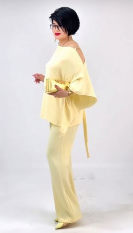 Butter-colored off-the-shoulder pantsuit with tunic