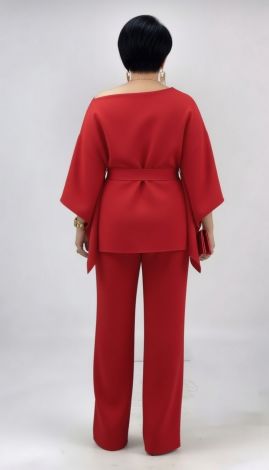 Red Pantsuit with an Asymmetrical Tunic and Loose Trousers