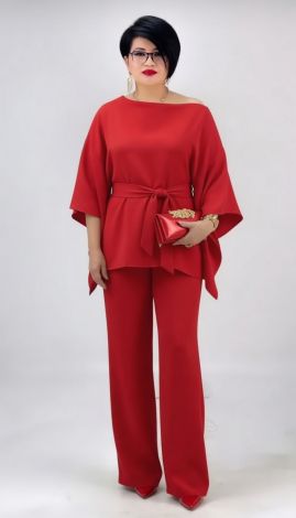 Red Pantsuit with an Asymmetrical Tunic and Loose Trousers