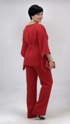 Red Pantsuit with an Asymmetrical Tunic and Loose Trousers