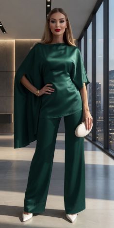 Emerald Silk Pantsuit with Cape-Style Tunic and Ties