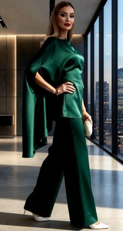 Emerald Silk Pantsuit with Cape-Style Tunic and Ties