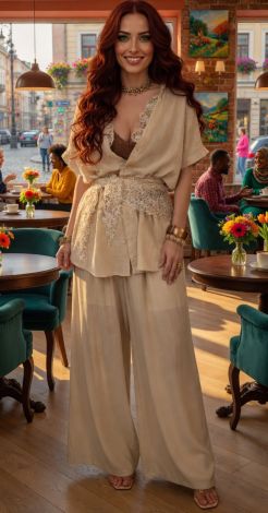 Summer Beige Linen Pantsuit with Belt and Lace
