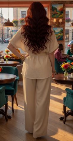 Summer Beige Linen Pantsuit with Belt and Lace