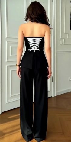 Black three-piece pantsuit with a lace-up corset and short jacket
