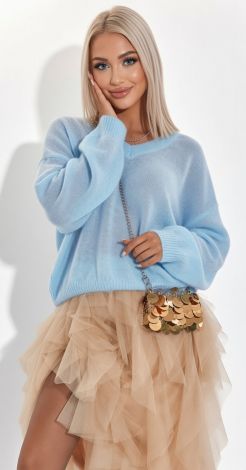 Oversized Light Blue Fluffy Sweater with V-Neck