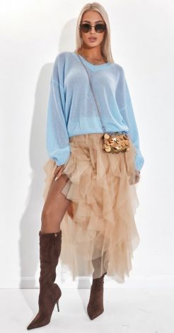 Oversized Light Blue Fluffy Sweater with V-Neck
