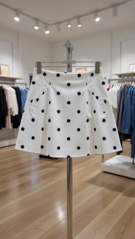 Milk-colored mini skirt with large black polka dots and pockets