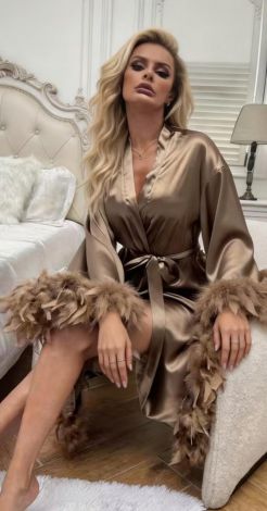 Bronze silk maxi robe with feathers on the sleeves and hem
