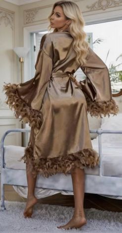 Bronze silk maxi robe with feathers on the sleeves and hem