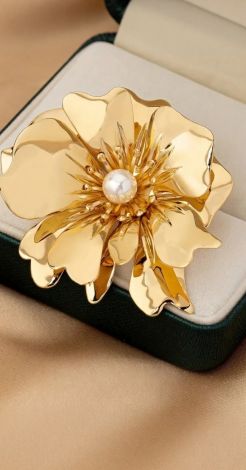 Large Metal Flower Brooch with Pearl
