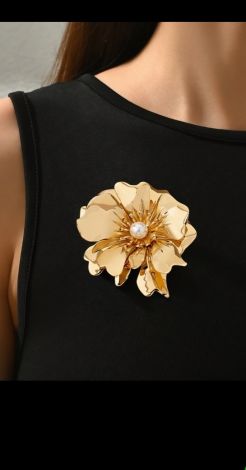 Large Metal Flower Brooch with Pearl