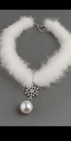 Fur Choker with Snowflake and Pearl Pendant