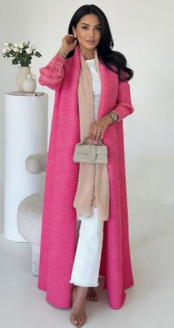 Fuchsia Pleated Maxi Cape Cardigan with Belt - Image 5