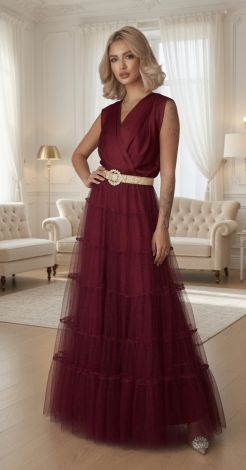 Burgundy Maxi Evening Dress with Shimmering Tiered Skirt
