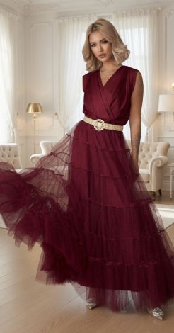 Burgundy Maxi Evening Dress with Shimmering Tiered Skirt