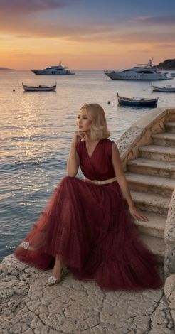 Burgundy Maxi Evening Dress with Shimmering Tiered Skirt - Image 5