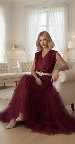 Burgundy Maxi Evening Dress with Shimmering Tiered Skirt