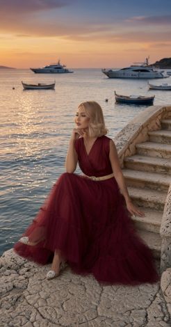 Burgundy Maxi Evening Dress with Shimmering Tiered Skirt - Image 4