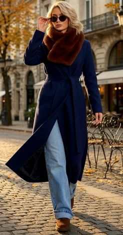 Dark Blue Cashmere Scented Maxi Coat With Belt