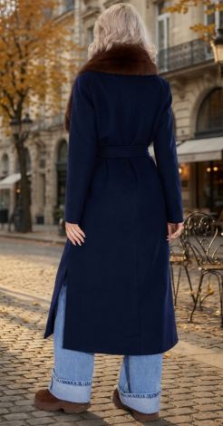 Dark Blue Cashmere Scented Maxi Coat With Belt - Image 4