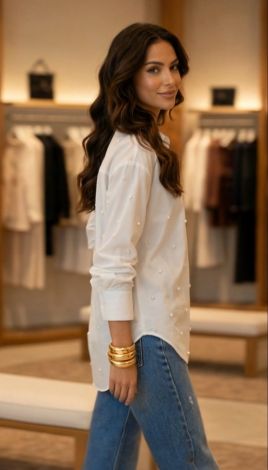 Oversized white cotton shirt with pearls