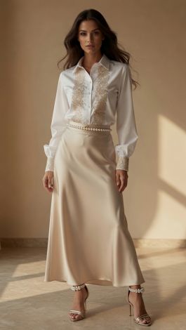 Silk skirt of seashells cut diagonally in champagne color
