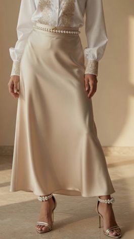 Silk skirt of seashells cut diagonally in champagne color