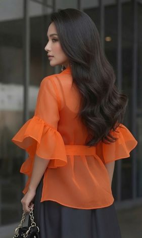 Red organza cape jacket with ruffles on the sleeves