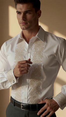 Lmt.signature premium men's white shirt with golden beige embroidery