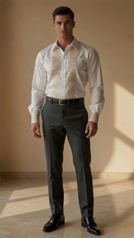 Lmt.signature premium men's white shirt with golden beige embroidery