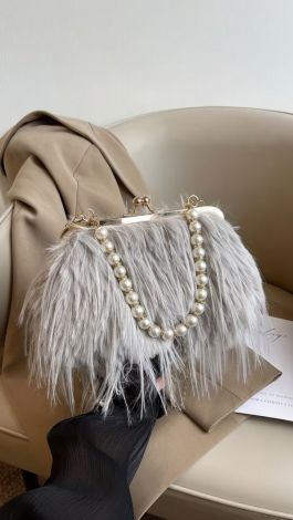 Evening fur clutch bag with pearl handle and zipper