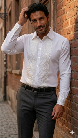 Lmt.signature white men's shirt with white silk embroidery