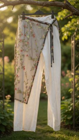 H1 (Product Name): Sheer Mesh Cape Skirt with Floral Embroidery