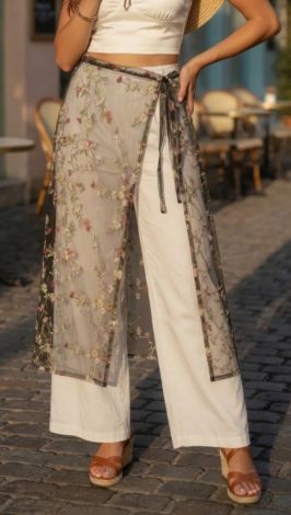 H1 (Product Name): Sheer Mesh Cape Skirt with Floral Embroidery