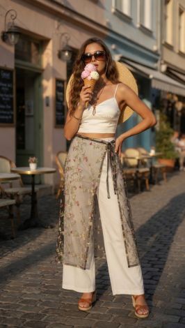 H1 (Product Name): Sheer Mesh Cape Skirt with Floral Embroidery