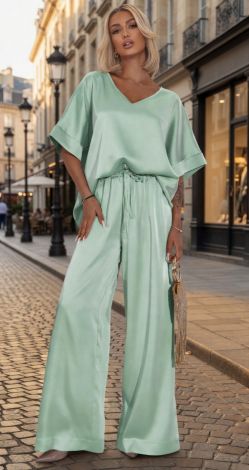 Women's Silk Suit with Blouse and Wide-Leg Palazzo Pants - Image 4