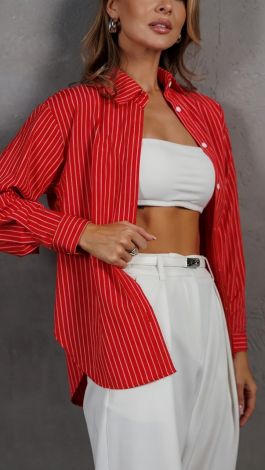 Women's Red Oversized Striped Cotton and Viscose Shirt