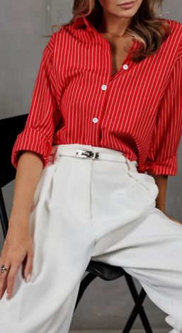 Women's Red Oversized Striped Cotton and Viscose Shirt