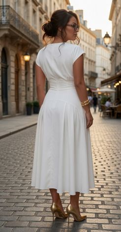 H1 (Product Name): White Zip-Up Midi Dress with Turn-Down Collar and Pleats
