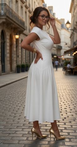 H1 (Product Name): White Zip-Up Midi Dress with Turn-Down Collar and Pleats
