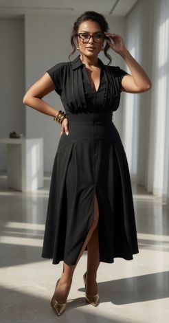 Black Zip-Up Midi Dress with Turn-Down Collar and Pleats