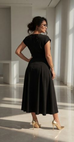 Black Zip-Up Midi Dress with Turn-Down Collar and Pleats