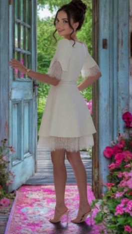 White Short Mini Dress with Square Neckline and Lace - Image 5