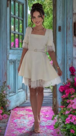 White Short Mini Dress with Square Neckline and Lace