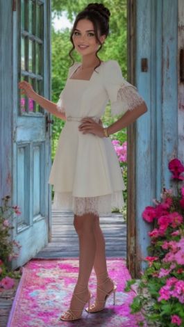 White Short Mini Dress with Square Neckline and Lace - Image 4