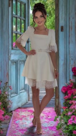 White Short Mini Dress with Square Neckline and Lace
