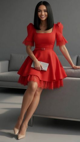 Red mini dress with a double-layered skirt and Chantilly lace