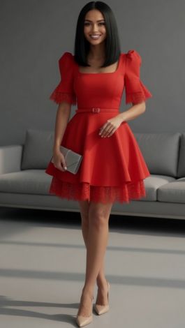 Red mini dress with a double-layered skirt and Chantilly lace